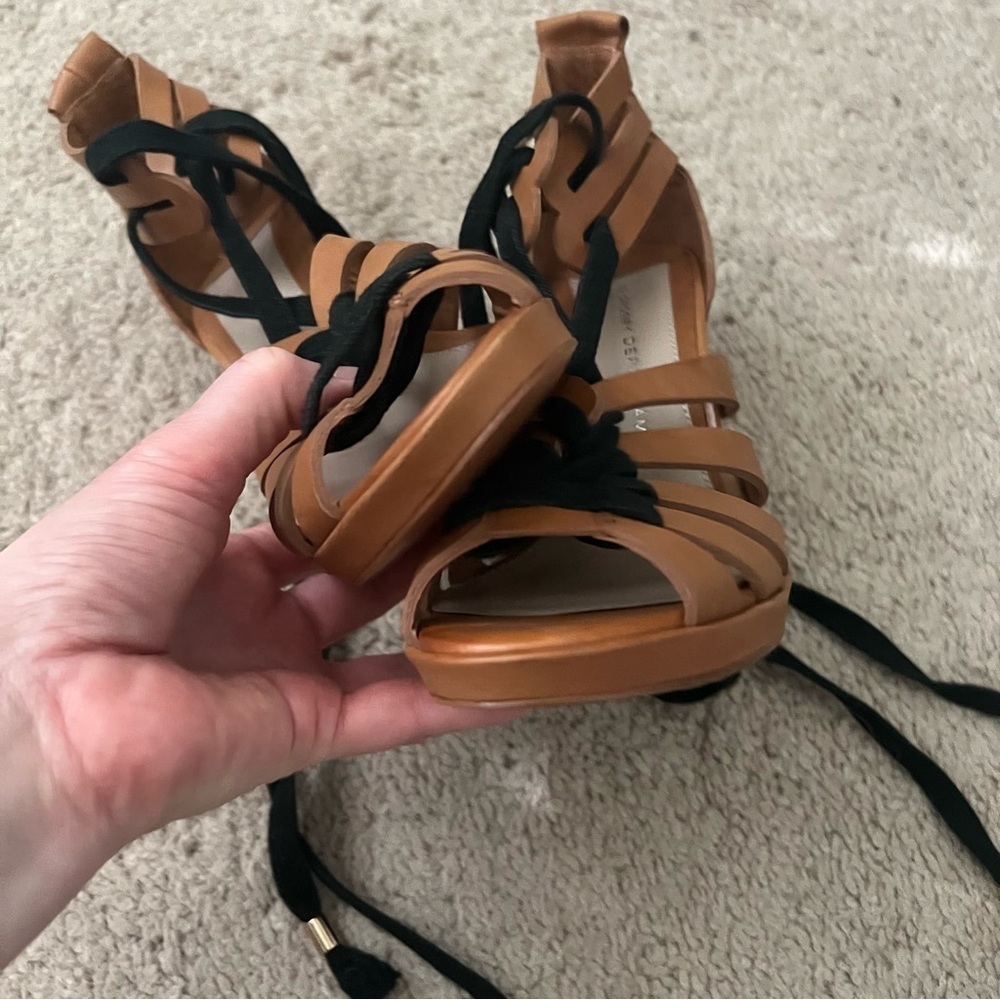 Derek Lam Size 7 Light Brown Lace Up Cage 4” Wood Cone Heel Sandals Like New - Picture 7 of 11